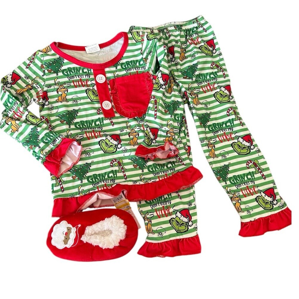 Dr. Seuss Grinch Christmas Pajama Set Toddler Girls 2T w/ Slippers 2-3T